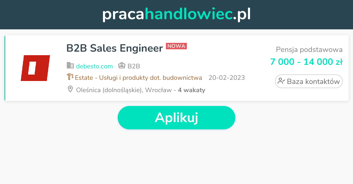 Praca B2B Sales Engineer - Oferta pracy w debesto.com - Oleśnica ...