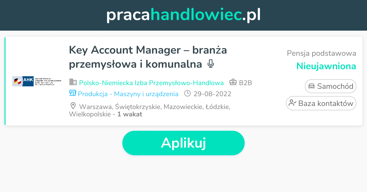 Praca Key Account Manager – branża przemysłowa i komunalna - Oferta ...